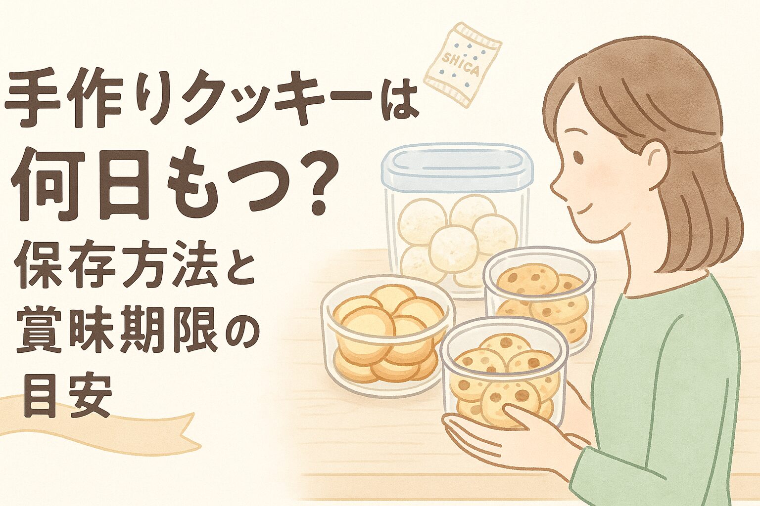 手作りクッキーを保存容器に入れて日持ちを確認する女性のイメージ