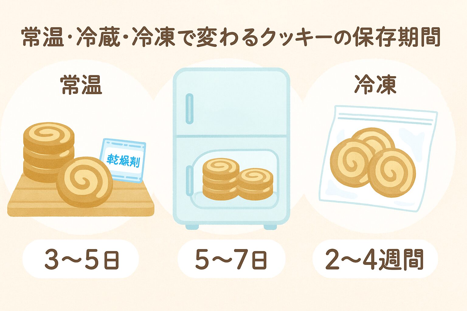 クッキーの保存方法による日持ちの違いを示す図解（常温・冷蔵・冷凍）