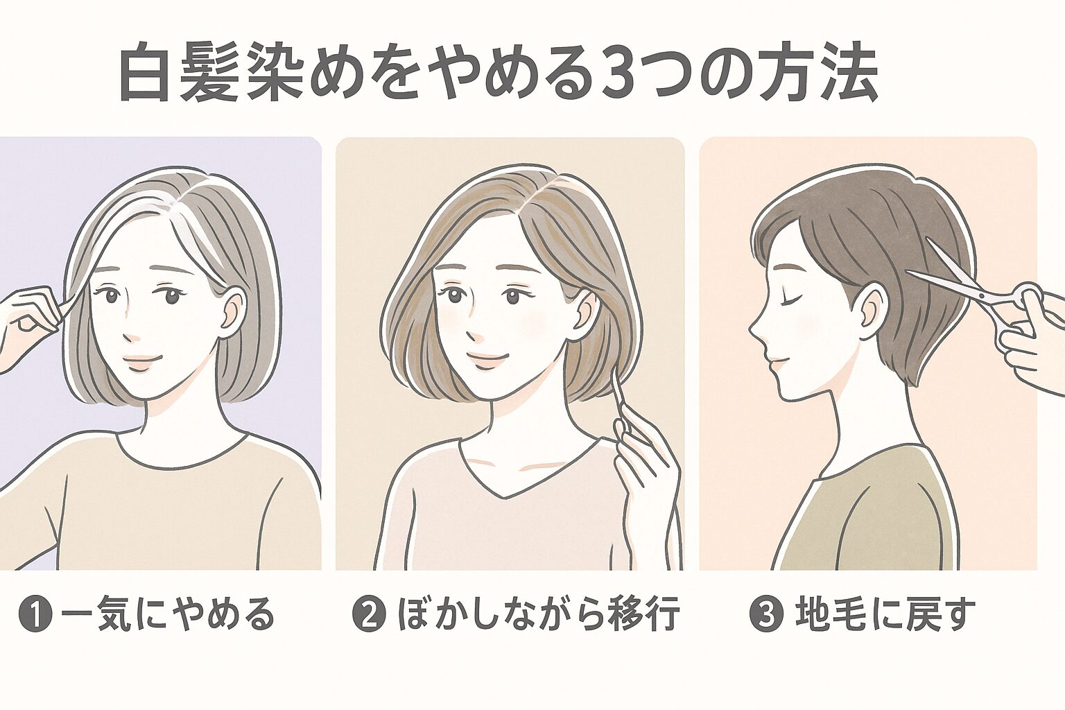 白髪染めをやめる3つの方法（グレイヘア移行・白髪ぼかし・地毛へ戻す）を図解したイラスト