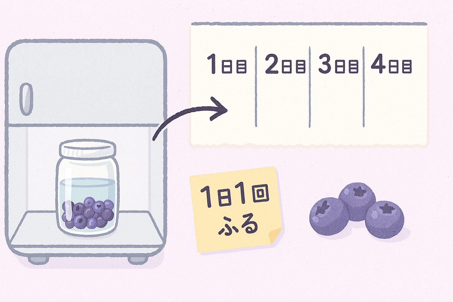 冷凍ブルーベリーとウォッカで果実酒を作るイラスト｜砂糖なしの簡単手作りレシピの手順図解