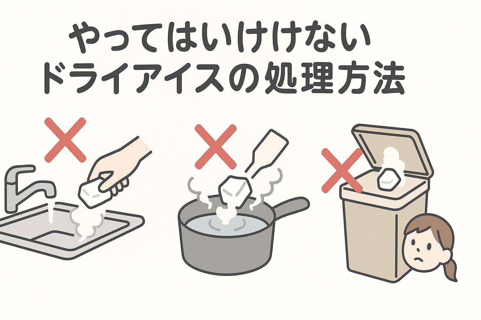 家庭内で、やってはいけないドライアイスの処理方法を表現したイラスト
（流しやシンクに捨てる、お湯をかける、ゴミ箱に捨てる、など）