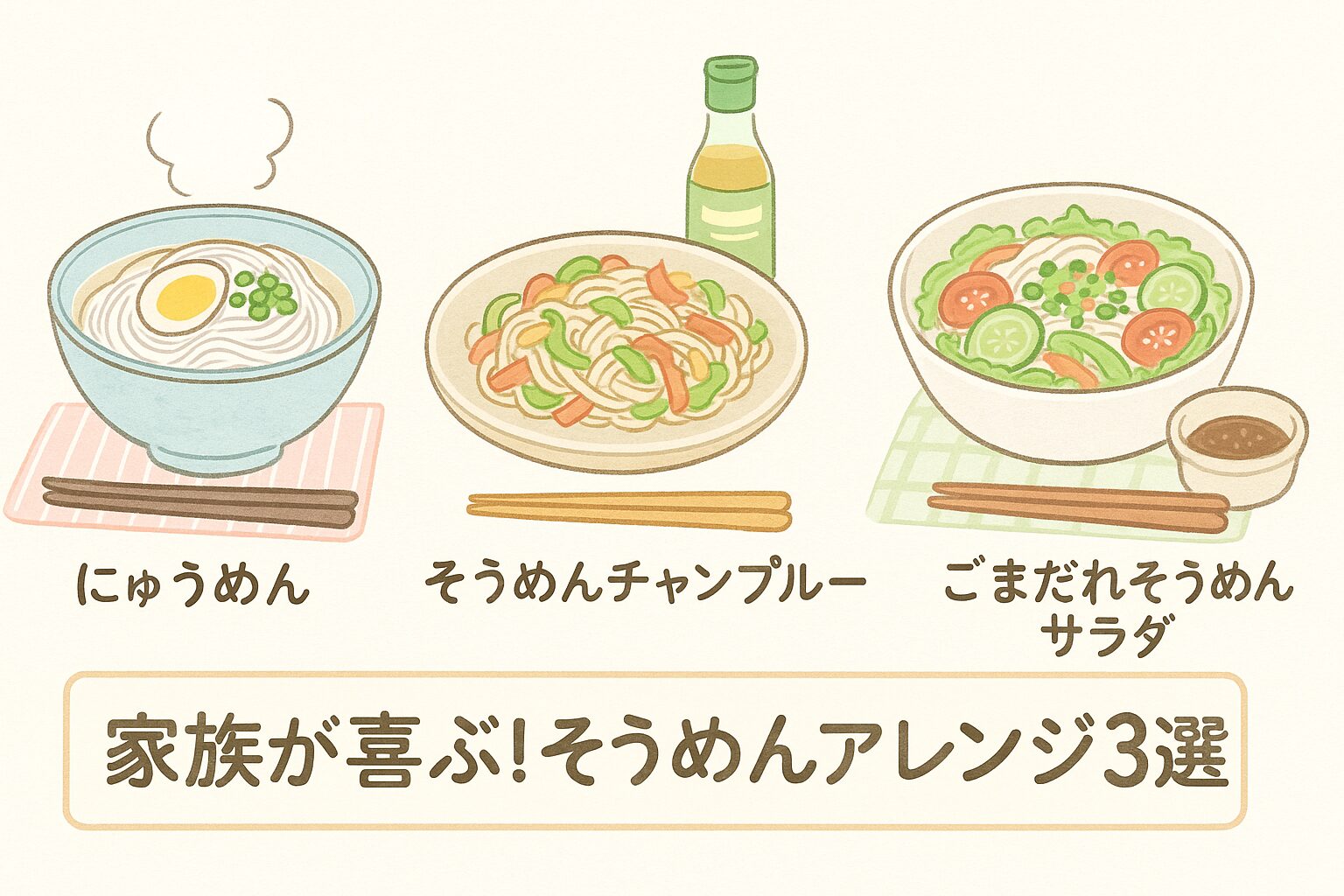 彩り豊かなそうめんアレンジレシピ3種（にゅうめん・チャンプルー・サラダ）のイラスト
