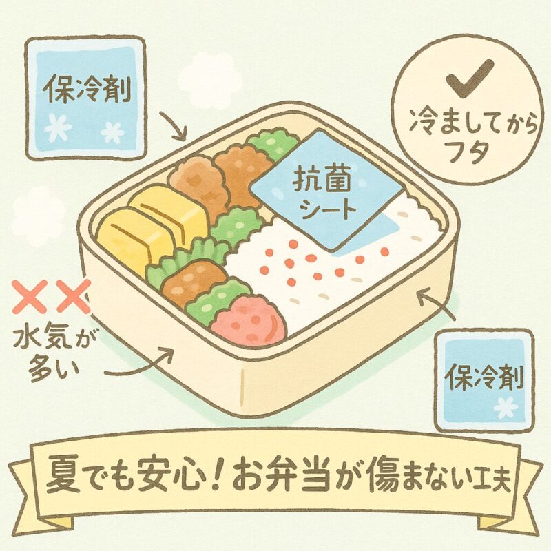 夏のお弁当が傷まないようにするための工夫（保冷・抗菌・詰め方）を描いたイラスト