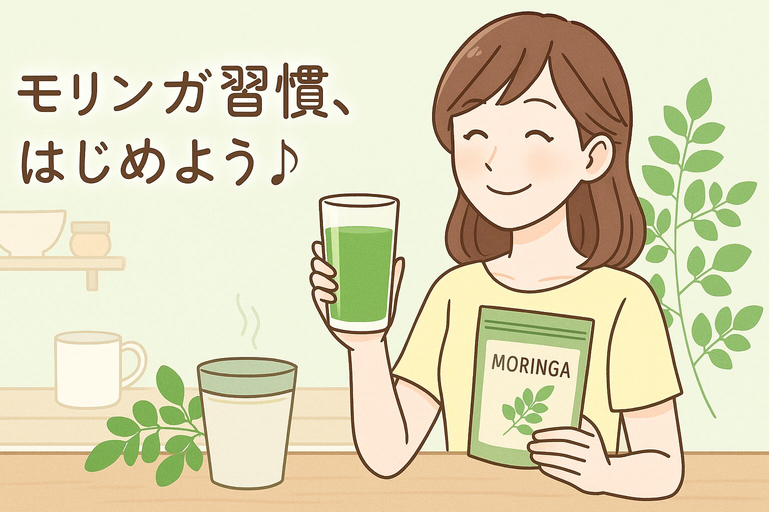 「モリンガパウダーを使ったドリンクを楽しむ女性を描いたやさしい雰囲気のイラスト」
