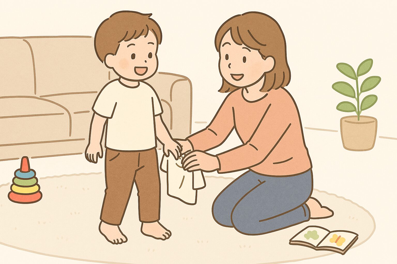 立ったまま子どもの着替えをサポートする母親のイラスト（オムツ替えをイメージ）