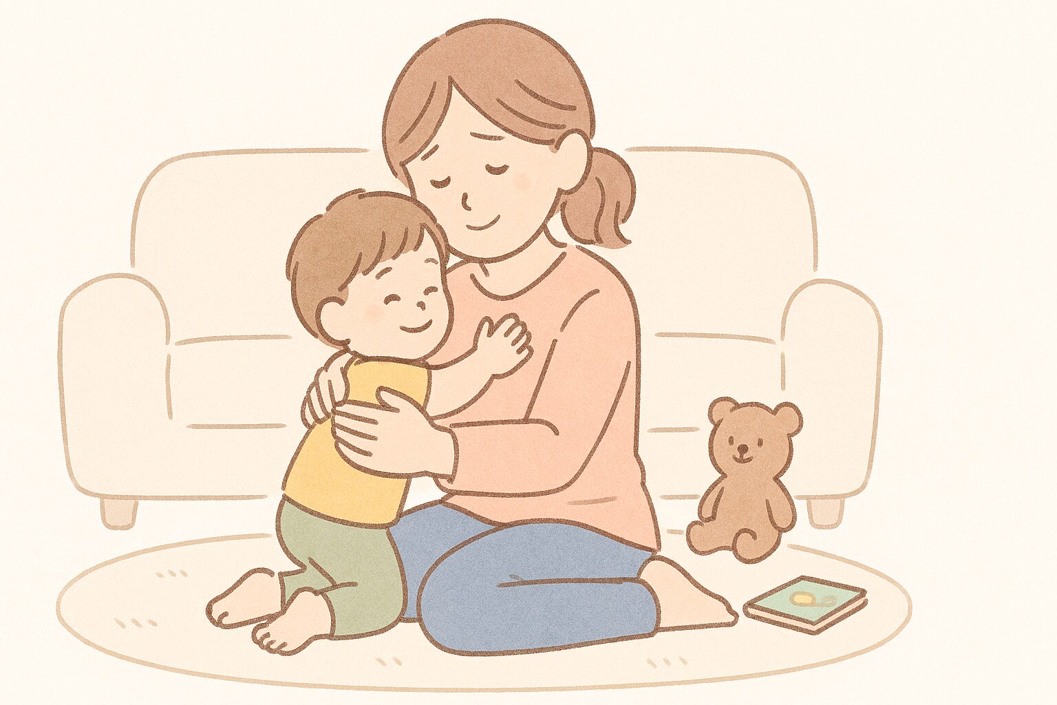 怒ったあとに、やさしく子どもを抱きしめているママのイラスト(感情を修復する場面)