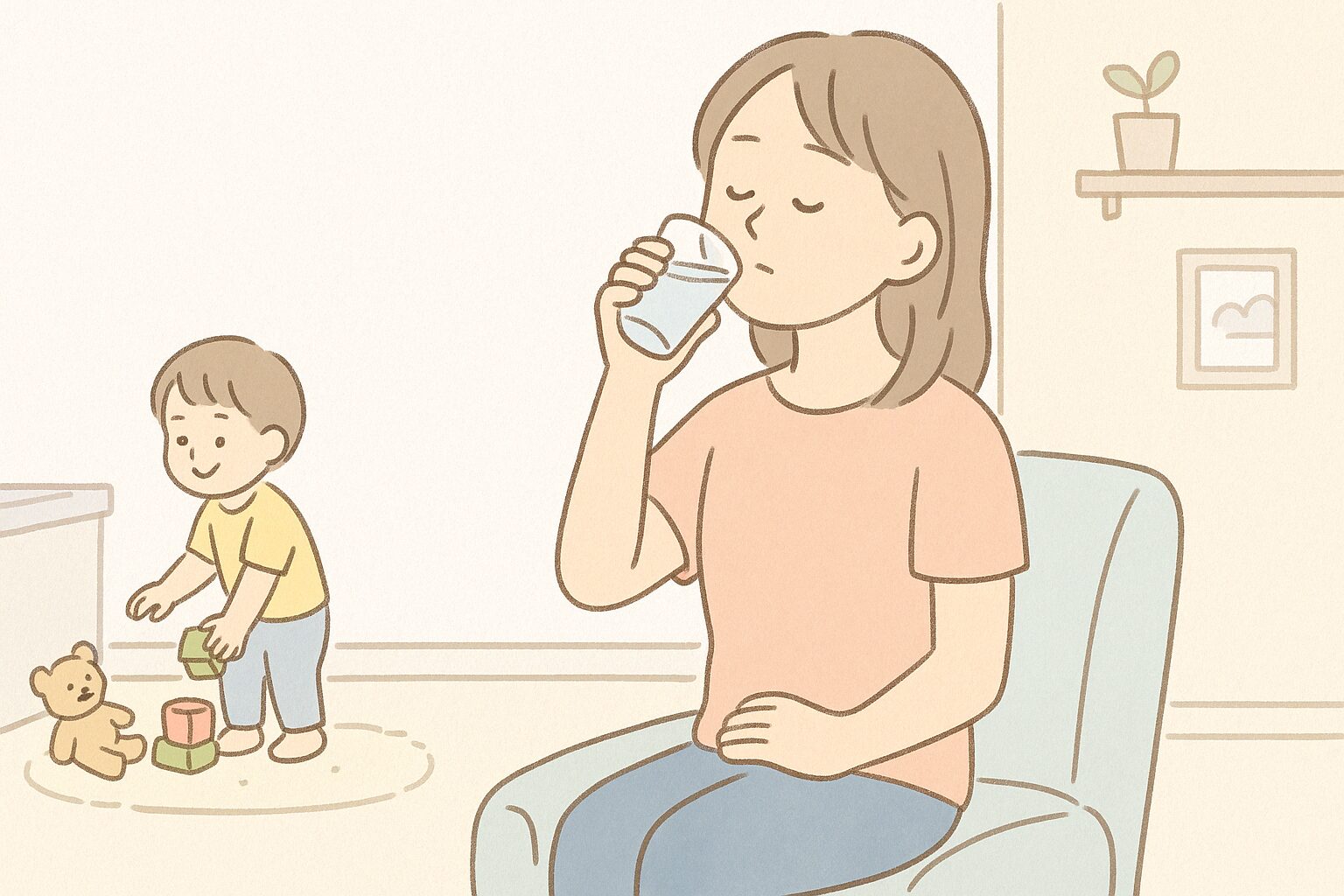 感情が高まったとき、そっと一人で深呼吸して落ち着こうとするママのイラスト