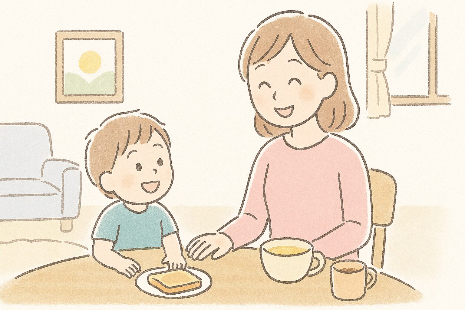 昨日は怒ってしまったママが、次の日の朝に笑顔で子どもと食卓を囲んでいるイラスト