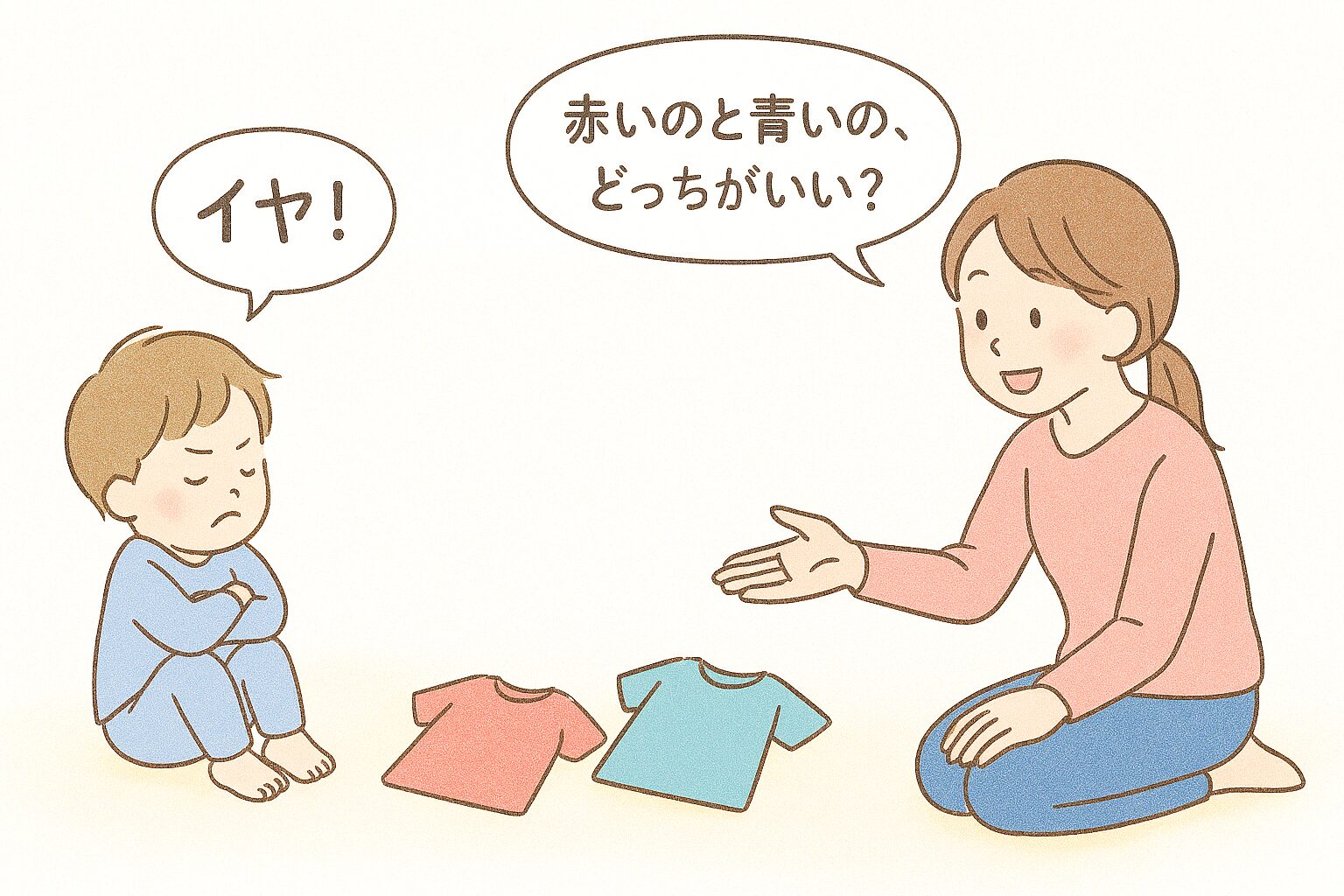 着替えを嫌がる子どもに、服を選ばせているママのイラスト（切り替え声かけの場面）