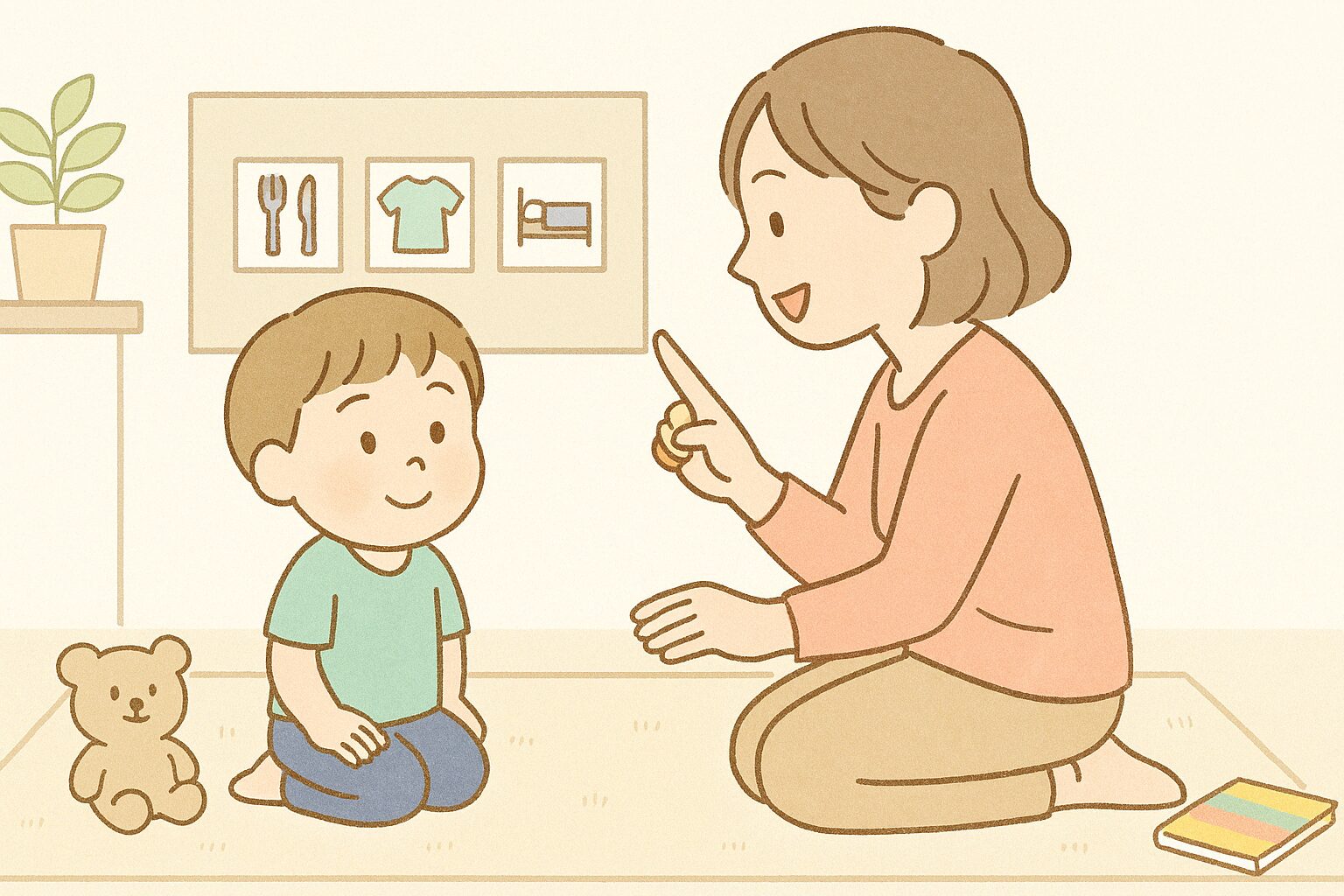 ママがイラストカードを使って視覚と聴覚の両方から声かけしている様子のイラスト
