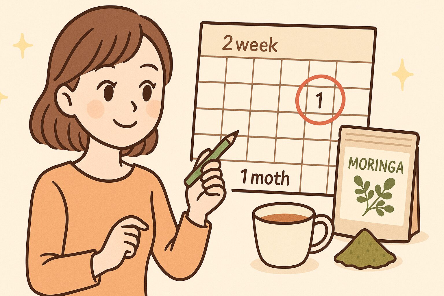 モリンガの効果が出る時期をカレンダーで確認している女性のイラスト