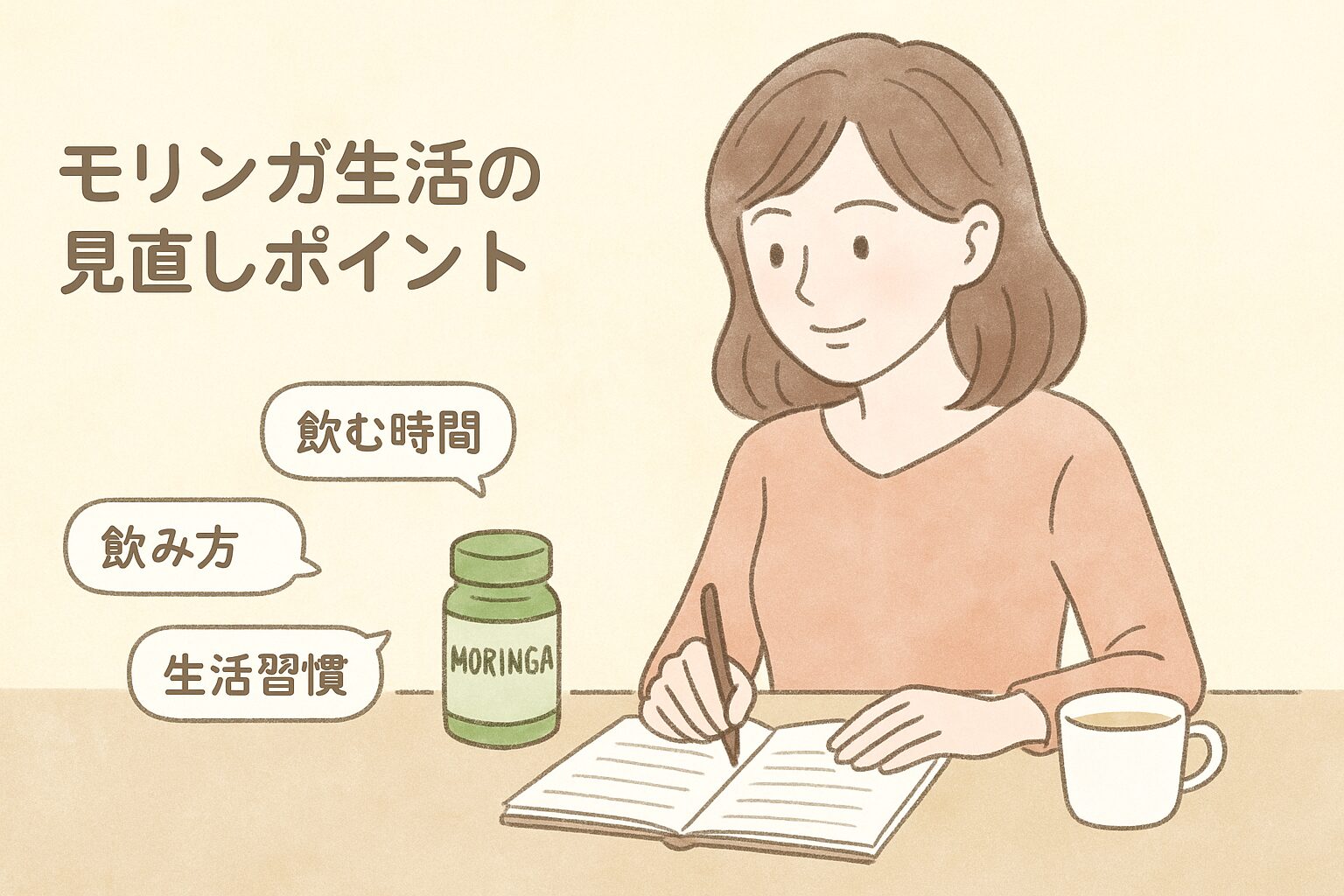 モリンガの取り入れ方をノートに書き出して見直している女性のイラスト