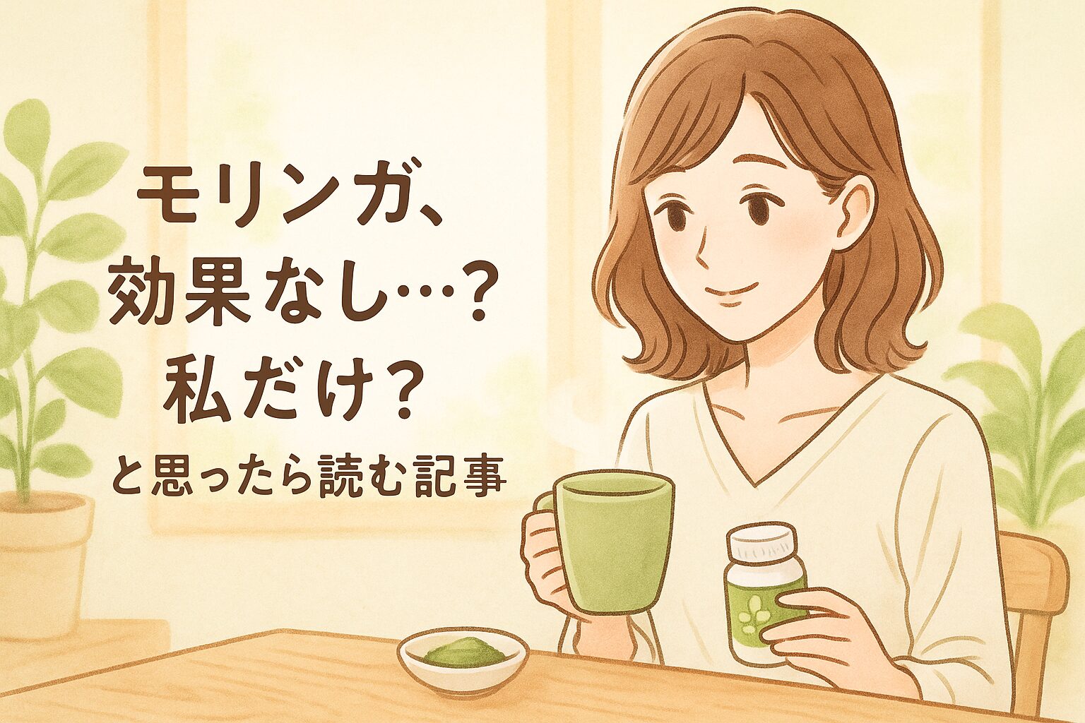 モリンガの効果に悩む女性がやさしい表情でモリンガティーを手にしている様子