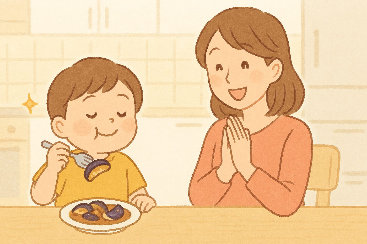 ナスが苦くない！美味しそうに食べる子どもと、うれしそうに見守る母親のイラスト