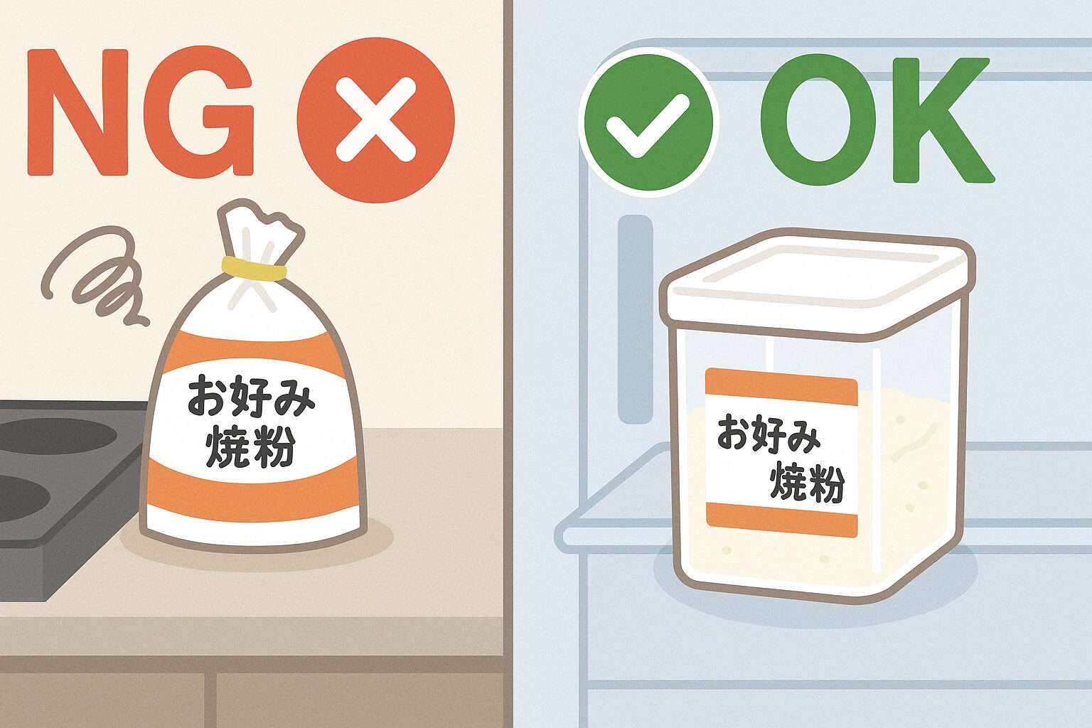 お好み焼き粉のNG保存例（輪ゴムで閉じた袋をコンロのそばに放置）と、正しい保存例（密閉容器に入れて冷蔵庫で保管）を比較したイラスト。