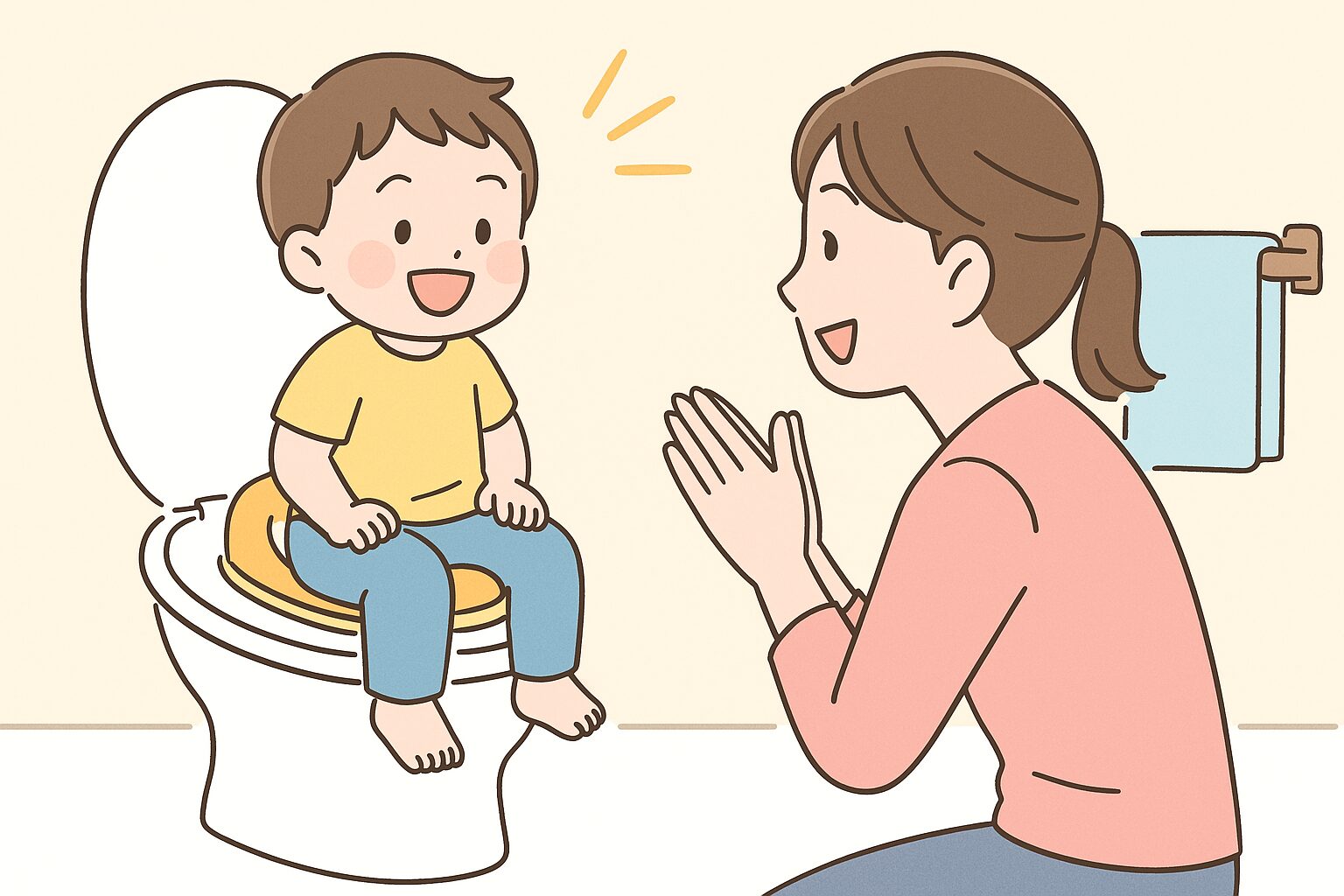 補助便座に座って笑顔の子どもと、それを見守るママのイラスト（座る習慣づけ）