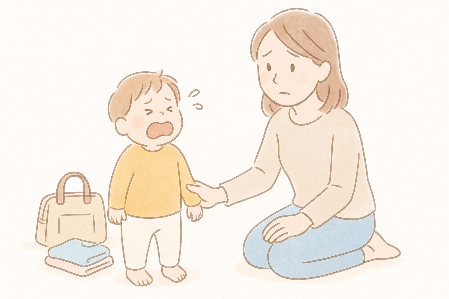 登園準備中に泣き出す子どもと、困った様子の母親