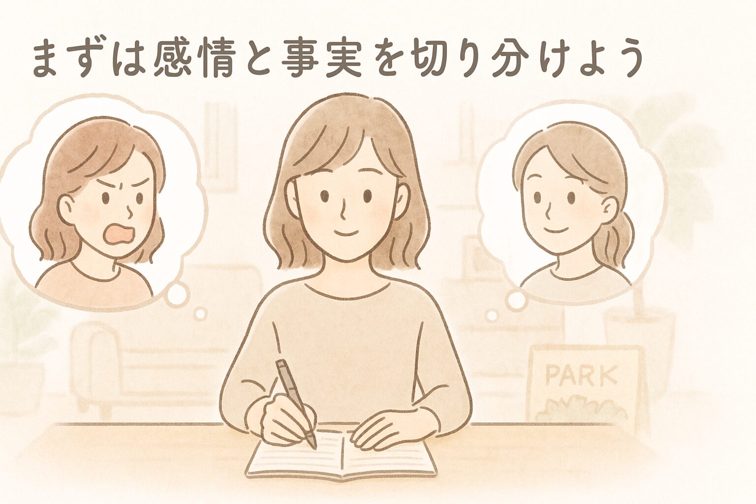 感情と事実を分けて伝える準備をする母親のイラスト（メモに書き出す姿）