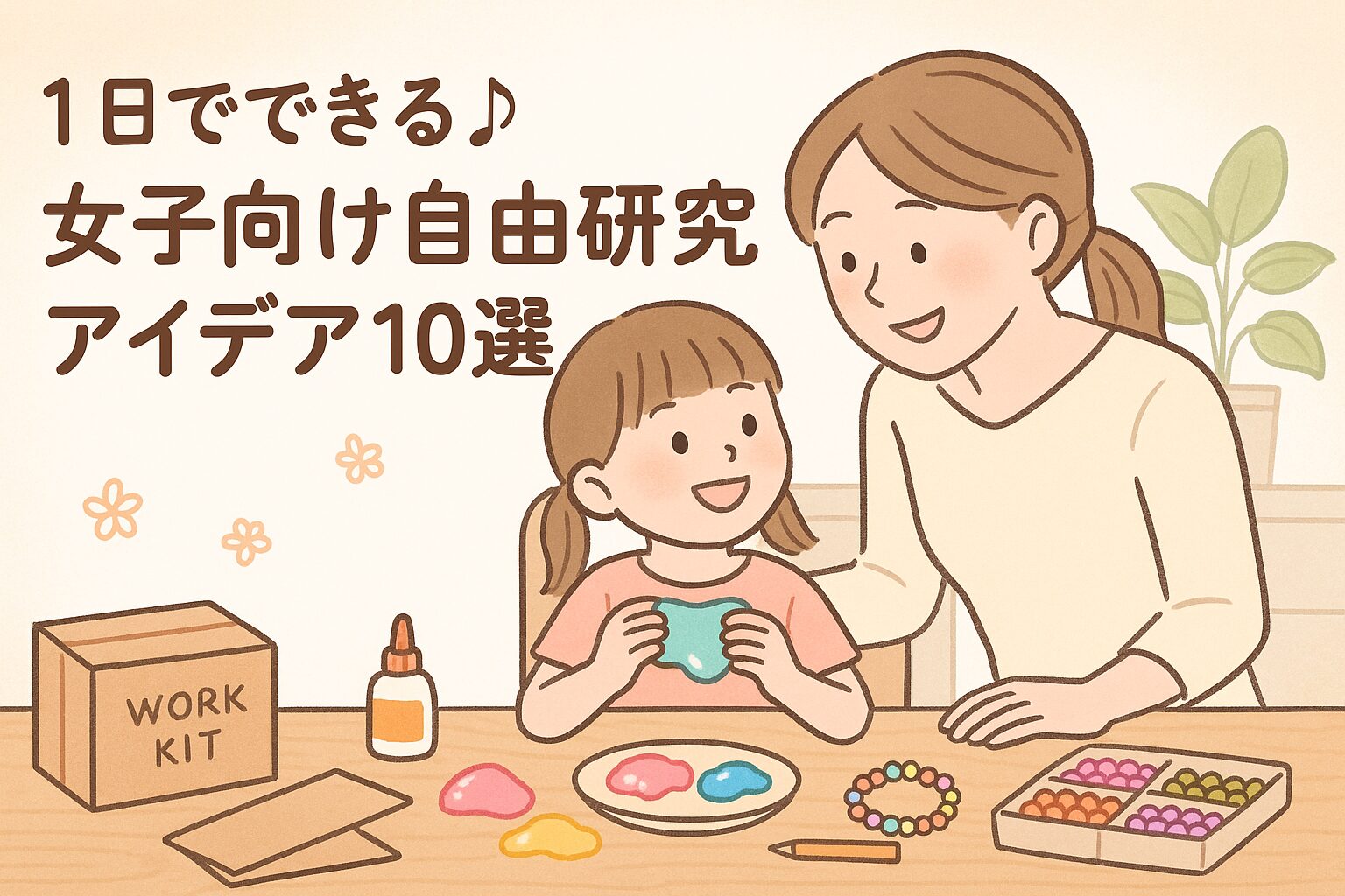 自由研究に取り組む小学生の女の子と、それを見守る母親の様子