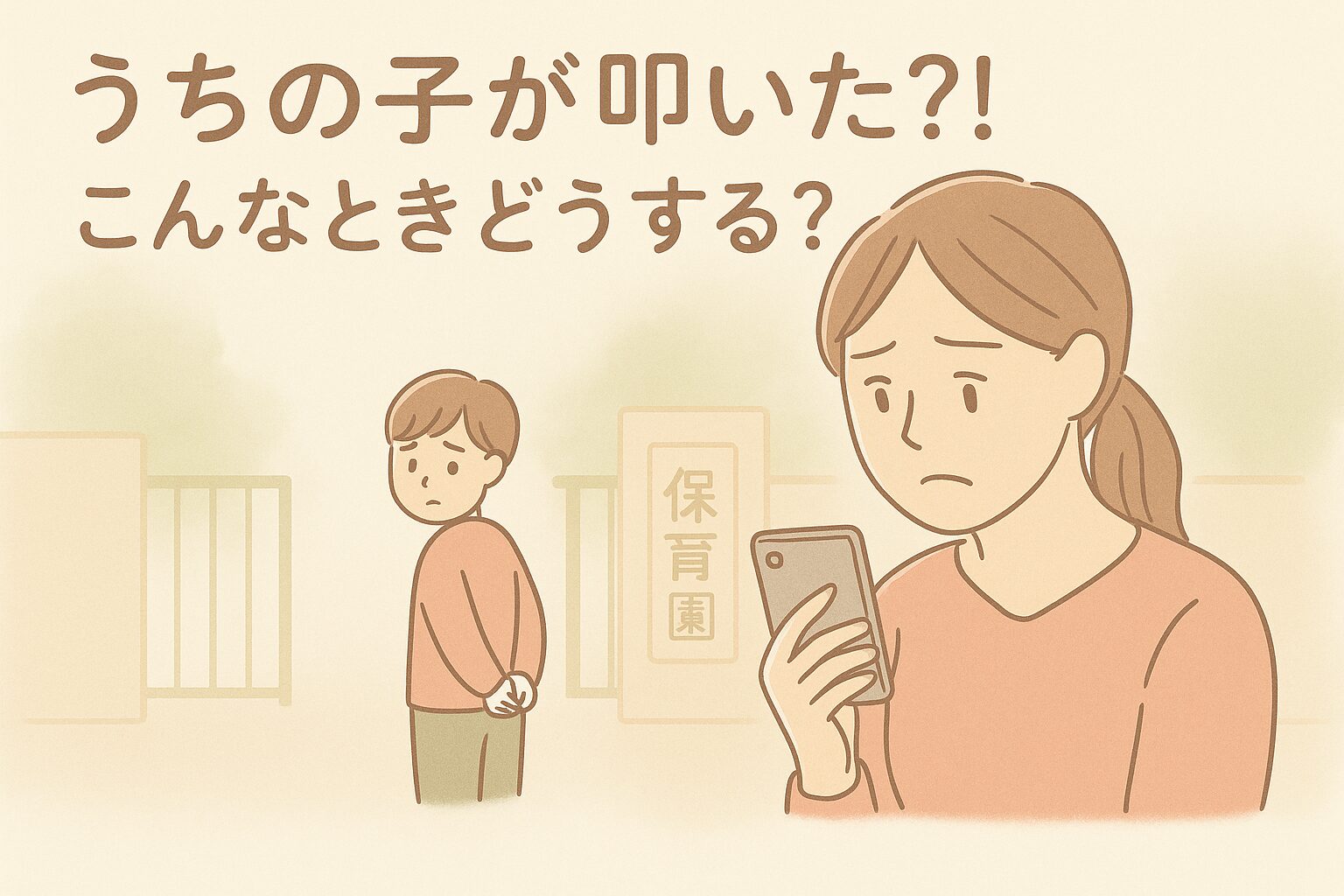 「子どもが友達を叩いた」と保育園の先生から報告を受ける母親のイラスト