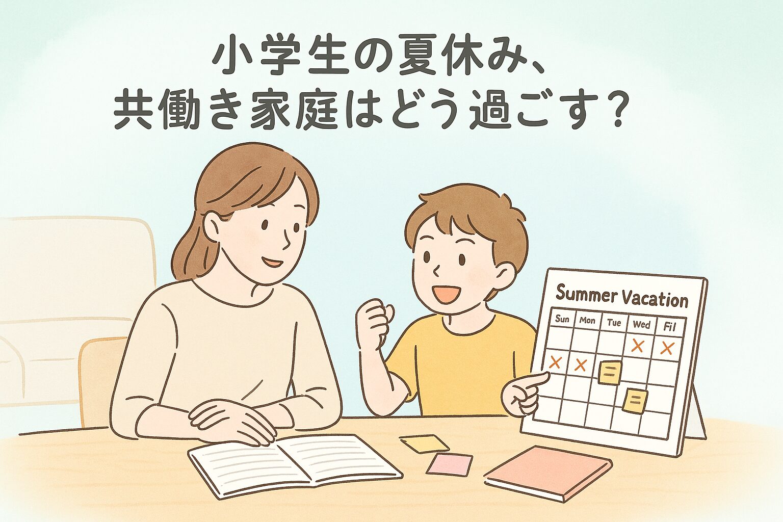 共働き家庭の夏休み対策を話し合う母と小学生の様子