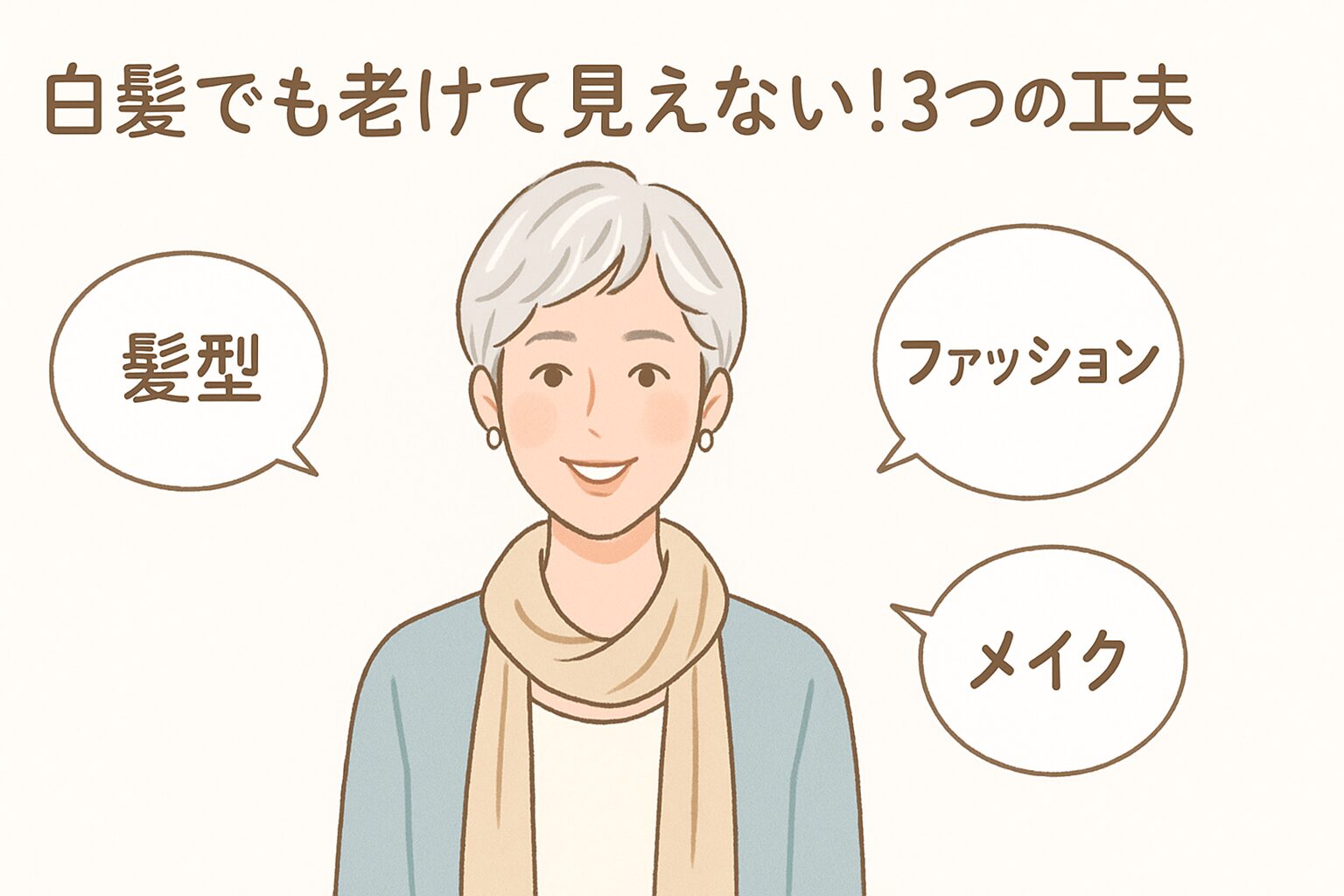 白髪を活かしたおしゃれを楽しむ40代女性の髪型・服・メイクのポイントを描いた図解イラスト