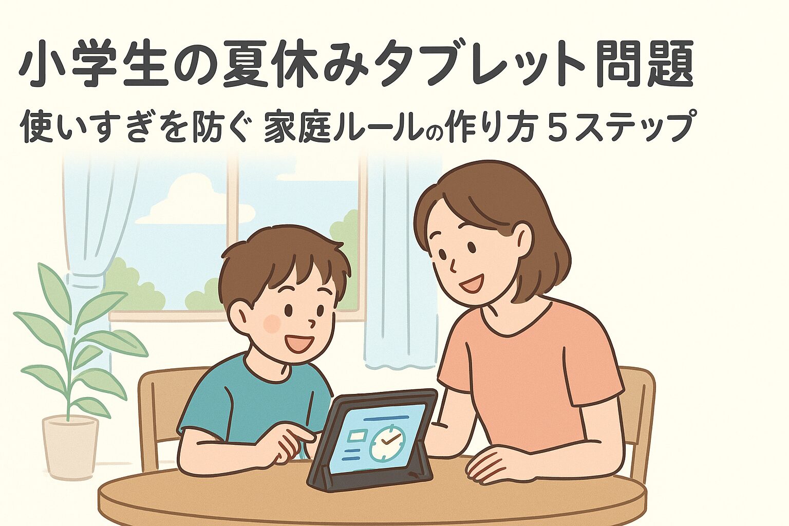 小学生が夏休みに家庭でタブレットを使っている様子と、親子のやさしい関わりを描いたイラスト（ルール作りをイメージ）