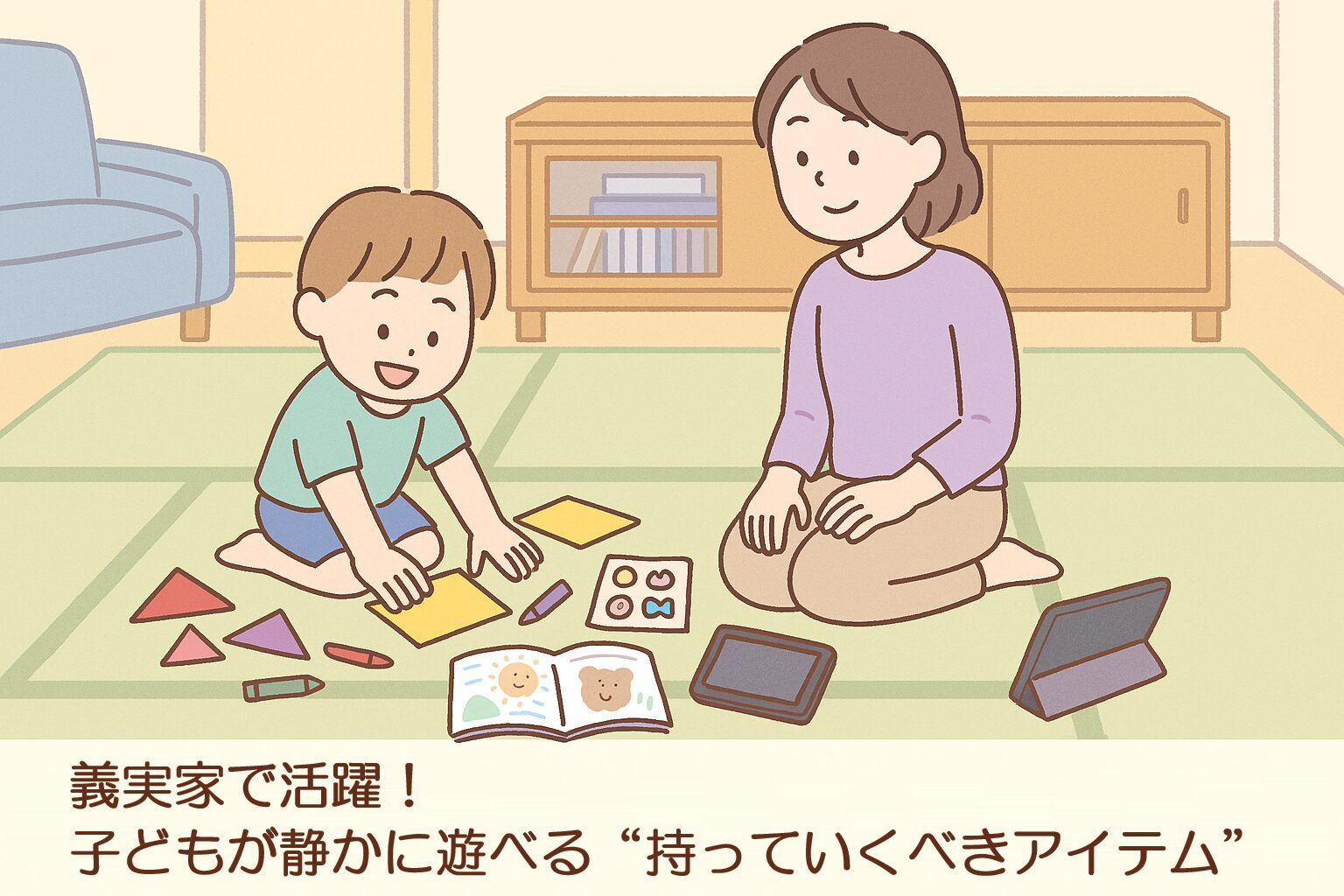 義実家で子どもが静かに遊べるアイテムを使っている様子を描いた、お盆帰省向けのイラスト