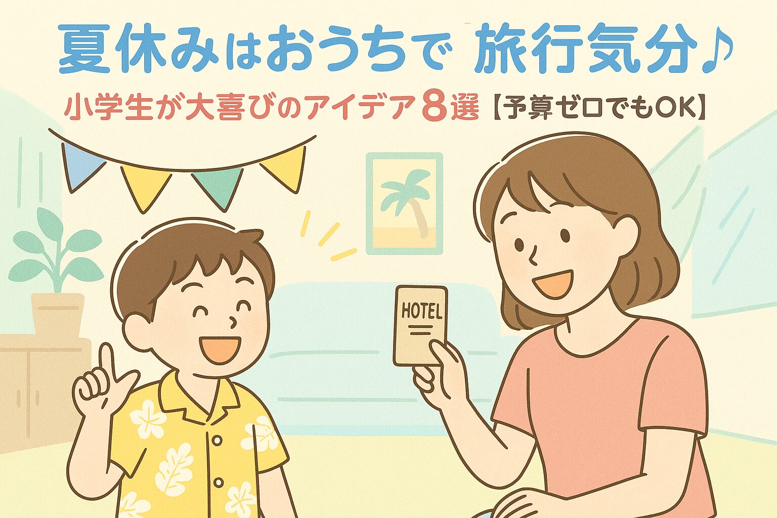 夏休みの旅行ごっこを楽しむ小学生とママのイラスト（おうち時間・笑顔・非日常）