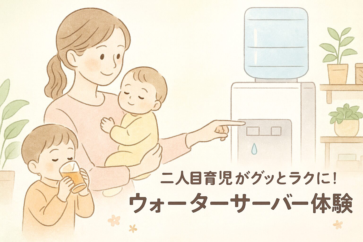 二人目育児でウォーターサーバーを使って調乳するママと、麦茶を飲む上の子のイラスト