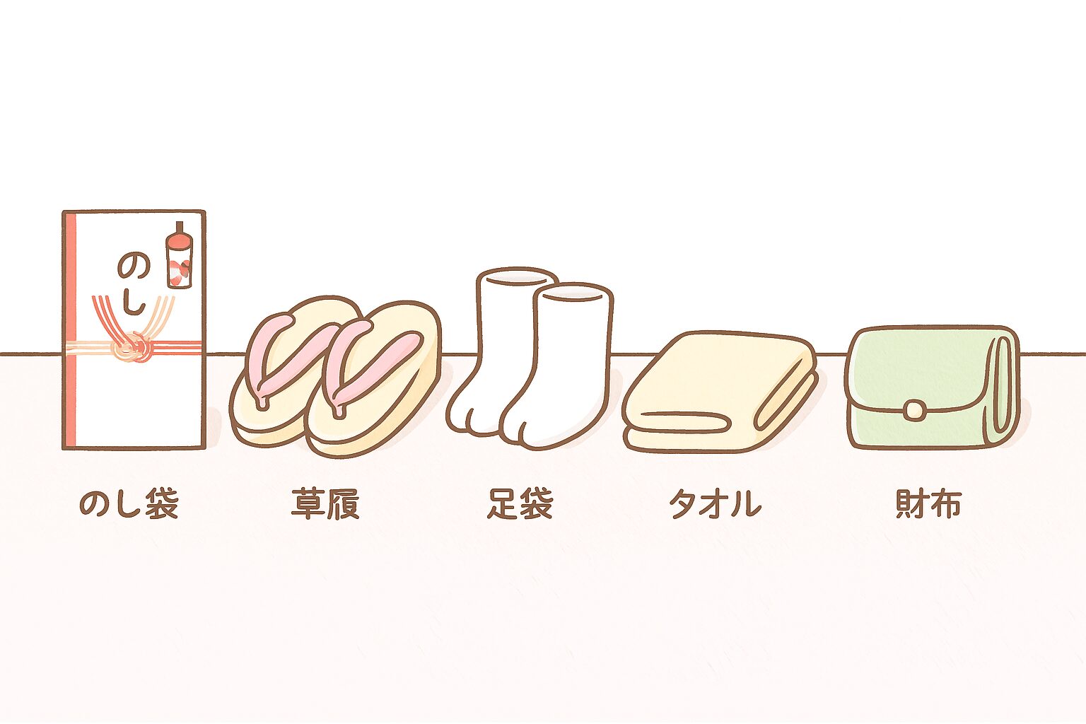 七五三に必須の持ち物（のし袋・草履・タオル・スマホ・財布）を並べたイラスト。
