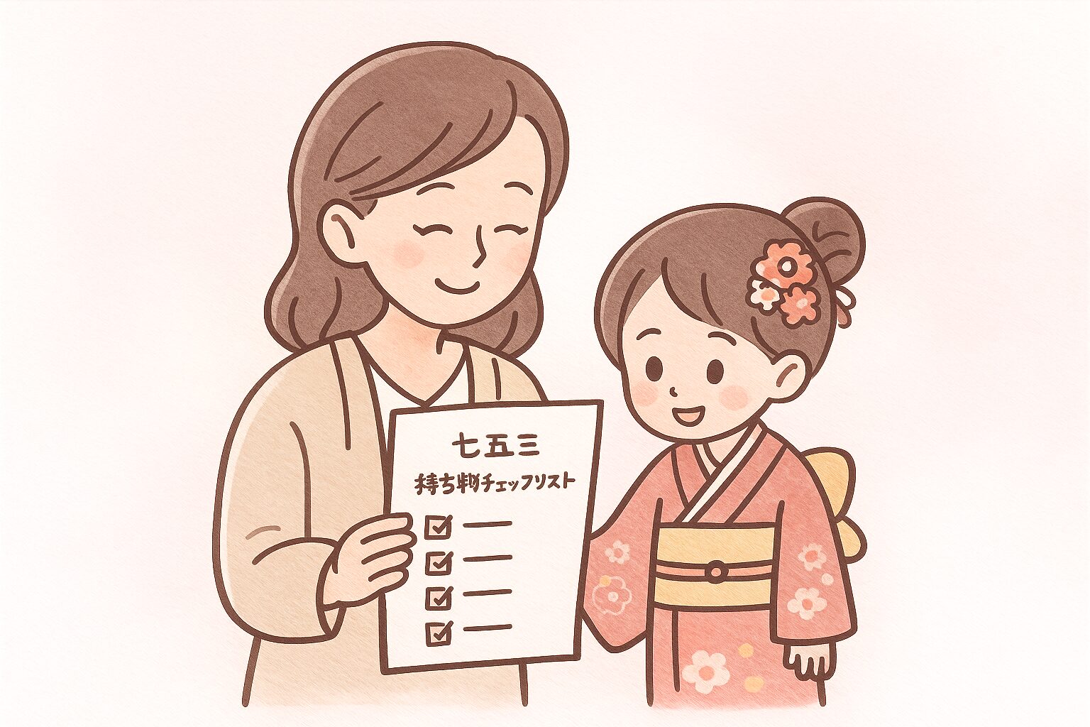 七五三の持ち物チェックリストを確認して安心するママと子どものイラスト。