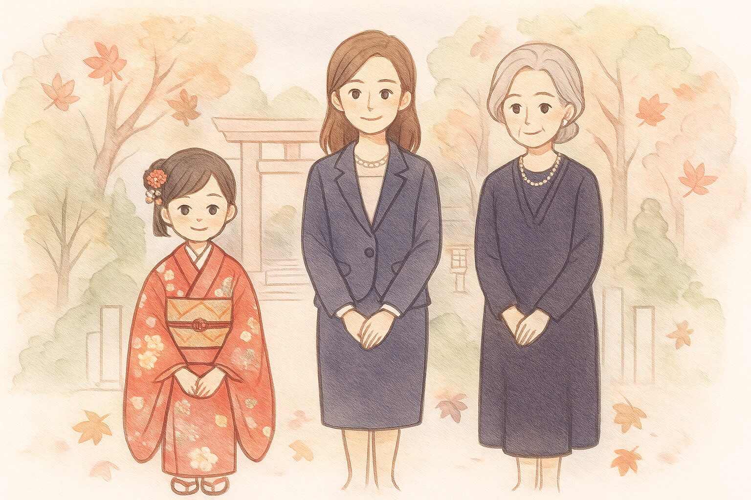 七五三で主役の子どもを中心に、ママと祖母が控えめな服装で並ぶイラスト。
