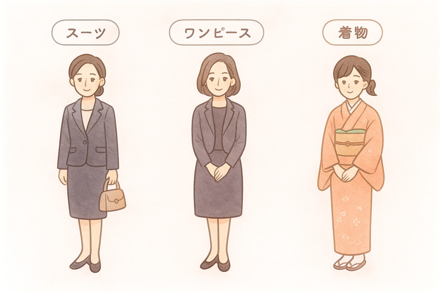 七五三にふさわしいママの服装例。スーツ・ワンピース・着物を並べて比較するイラスト。
