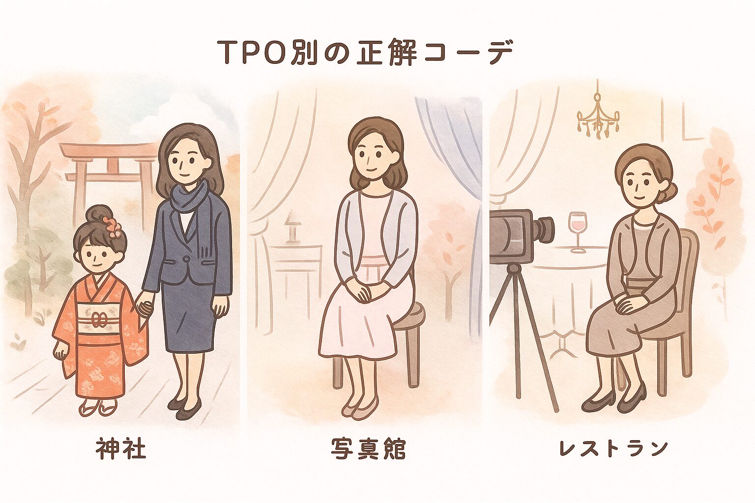 七五三でのTPO別コーデ。神社・写真館・レストランでのママの服装イラスト。
