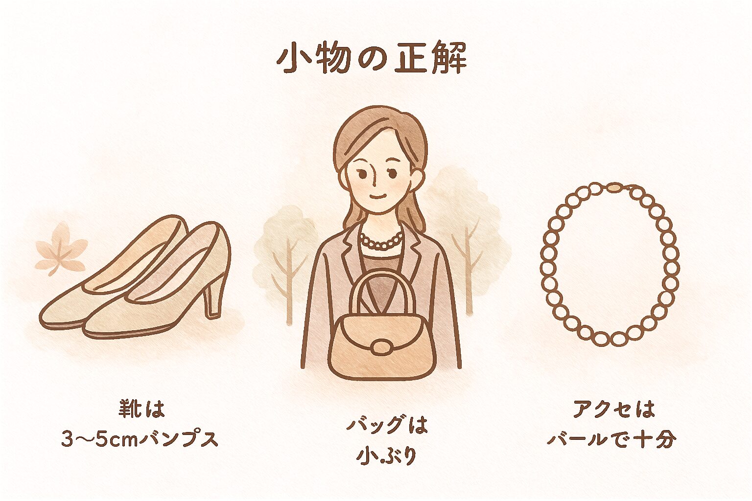 七五三にふさわしいママの小物。パンプス・バッグ・パールアクセサリーを並べたイラスト。